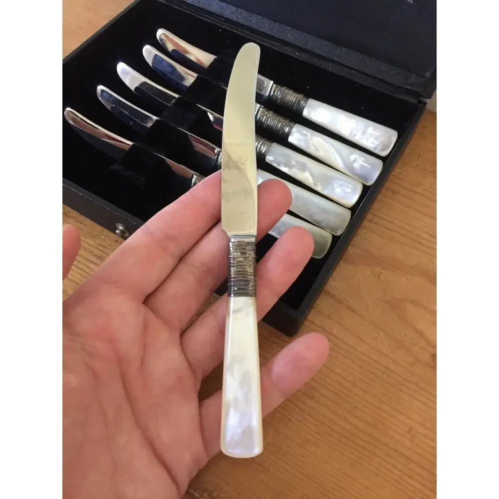 6 Vtg Harhill Marni L Mother of Pearl Germany Stainless Silverplate Knife Set